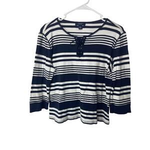 Chaps knit blouse shirt top women's XL extra large blue and white stripe cotton